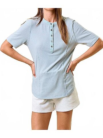 Doe & Rae Striped Contrast Hem Henley Top in Seafoam (view 2)