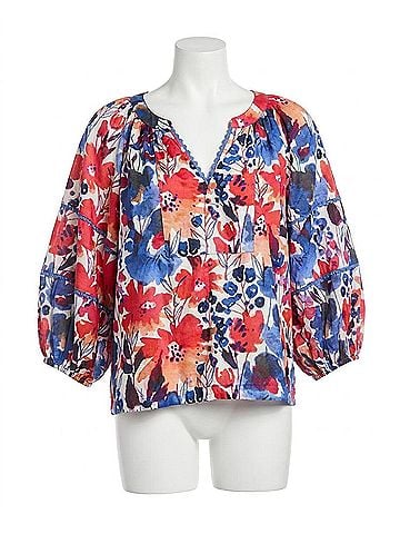 Tyler Boe Molly Cotton V-Neck Blouse in Patriotic Floral (view 1)