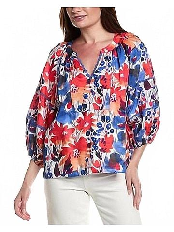 Tyler Boe Molly Cotton V-Neck Blouse in Patriotic Floral (view 2)