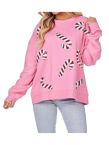 Mud Pie Holiday Candy Cane Sweatshirt in Pink (view 2)