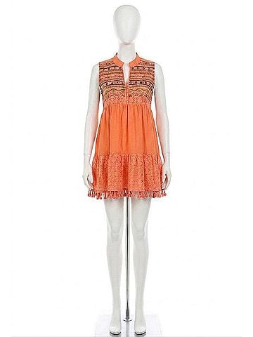 Velzera Lace Fringe Embroidered Sleeveless Tunic in Coral (view 1)