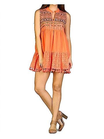 Velzera Lace Fringe Embroidered Sleeveless Tunic in Coral (view 2)