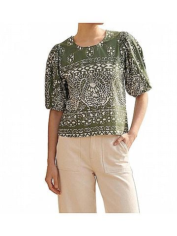 Fifteen Twenty Rosie Puff Sleeve Top in Green/Off White Print (view 2)