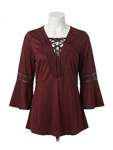 Ryu Lace Detail Faux Suede Top in Burgundy (view 1)