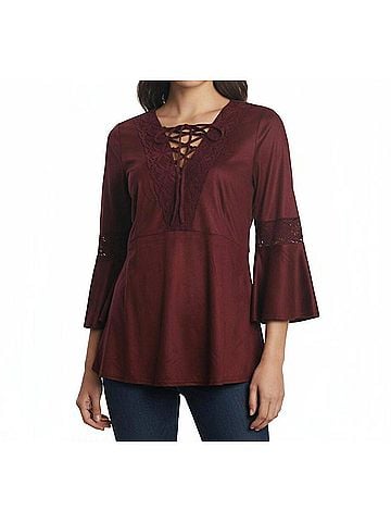 Ryu Lace Detail Faux Suede Top in Burgundy (view 2)