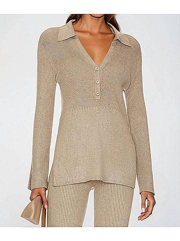 525 America Women's Gemma Ribbed Polo Top in Beige (view 2)