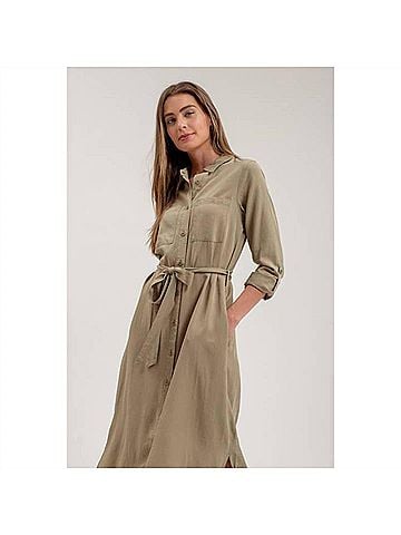 Blu Pepper Women's Collared Three Quarter Sleeve Shirt Dress in Olive (view 2)