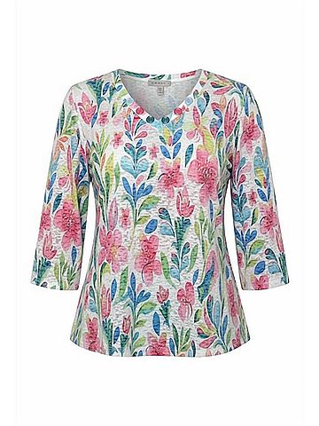 Ethyl V-Neck Button-Down Top in Rosie Multicolor (view 1)