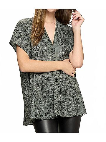 Adrienne Snake Print Double V-Neck Top in Green (view 2)