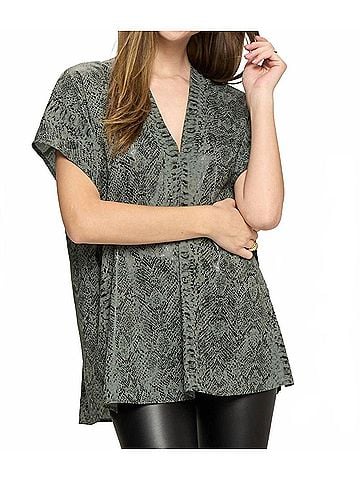 Adrienne Snake Print Double V-Neck Top in Green (view 2)
