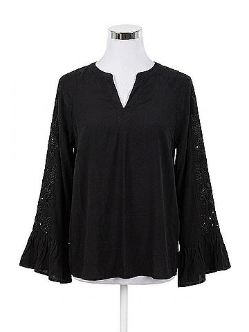 Cotton Bleu Embroidered Sleeve Casual Top in Black (view 1)