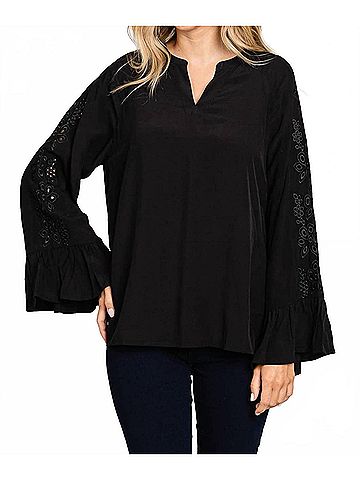 Cotton Bleu Embroidered Sleeve Casual Top in Black (view 2)