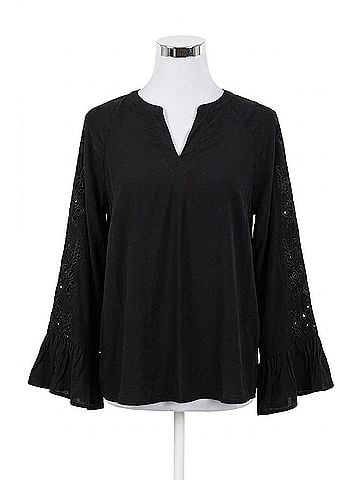 Cotton Bleu Embroidered Sleeve Casual Top in Black (view 1)