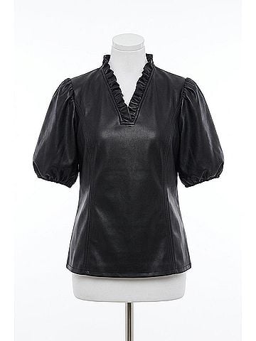 Dolce Cabo Faux Leather Ruffle Neck Top in Black (view 1)