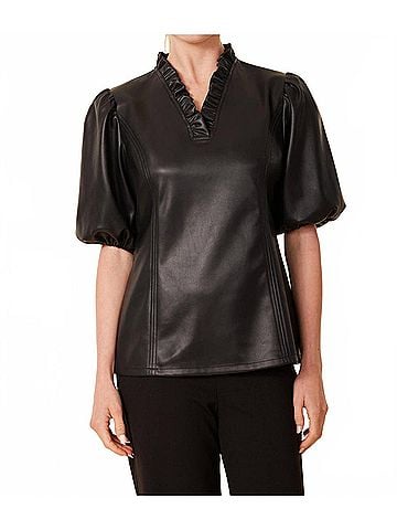 Dolce Cabo Faux Leather Ruffle Neck Top in Black (view 2)