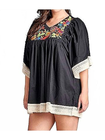 Velzera Embroidered Crochet Babydoll Tunic in Black (view 2)