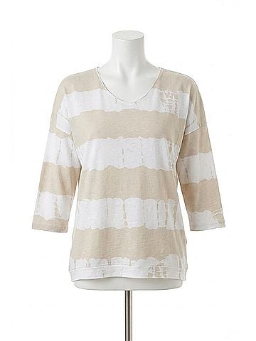 Ethyl 3/4 Sleeve Striped Print Top in Tan/Off White (view 1)
