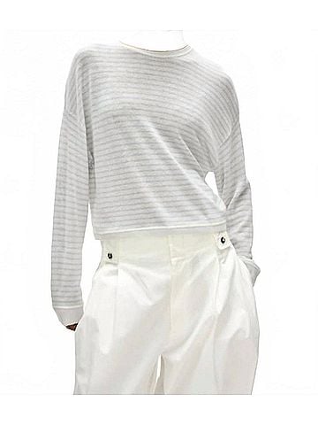 White + Warren Cashmere Striped Sweatshirt in White/Horizon Blue (view 2)