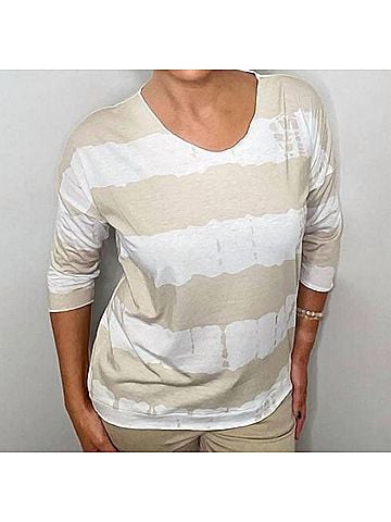 Ethyl 3/4 Sleeve Striped Print Top in Tan/Off White (view 2)