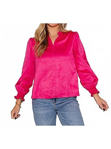 Ivy Jane Long Sleeve Suede Top in Hot Pink (view 2)
