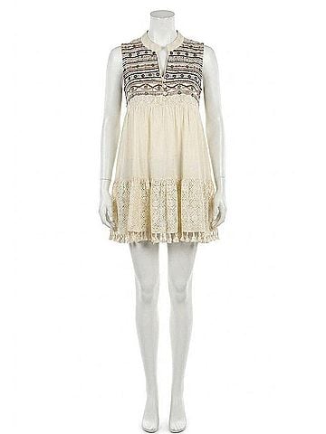 Velzera Lace Fringe Embroidered Sleeveless Tunic in Beige (view 1)