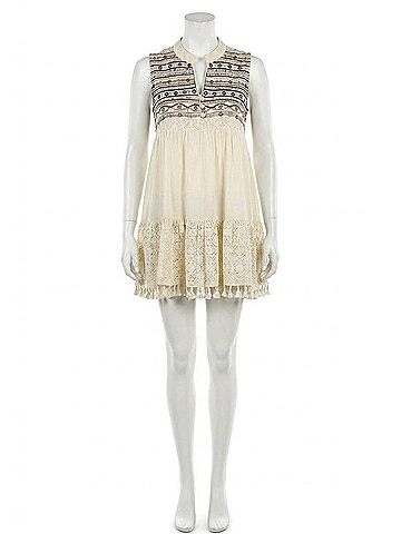Velzera Lace Fringe Embroidered Sleeveless Tunic in Beige (view 1)