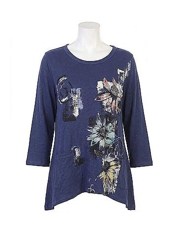 Jess & Jane Flower Trio Patch Pocket Cotton Top in Denim (view 1)