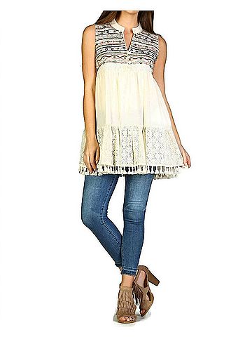 Velzera Lace Fringe Embroidered Sleeveless Tunic in Beige (view 2)