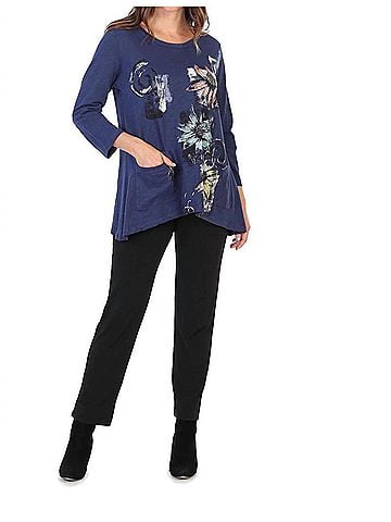 Jess & Jane Flower Trio Patch Pocket Cotton Top in Denim (view 2)