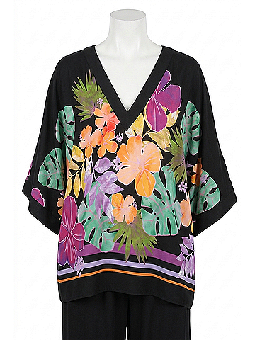 Joseph Ribkoff Floral Print Three Quarter Sleeve Boxy Top in Black/Multi (view 1)