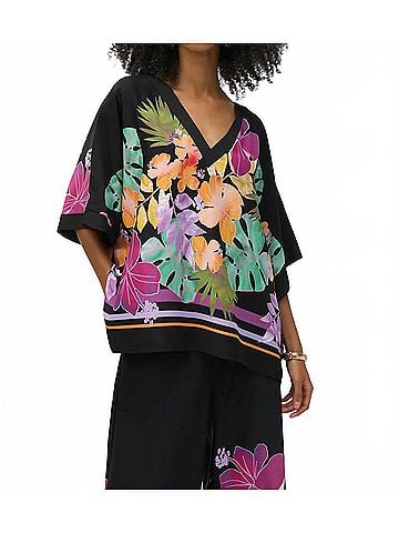 Joseph Ribkoff Floral Print Three Quarter Sleeve Boxy Top in Black/Multi (view 2)