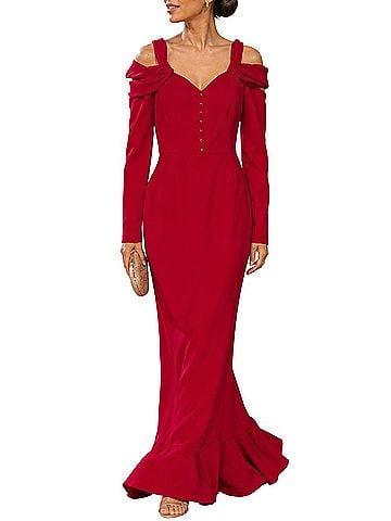 MIKAEL AGHAL Cold-Shoulder Fluted Gathered Stretch-Crepe Gown Cocktail Dress (view 1)