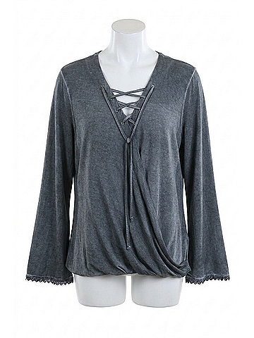 Umgee Drawstring Neckline Bell Sleeve Top in Ash (view 1)