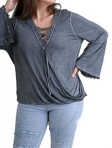 Umgee Drawstring Neckline Bell Sleeve Top in Ash (view 2)