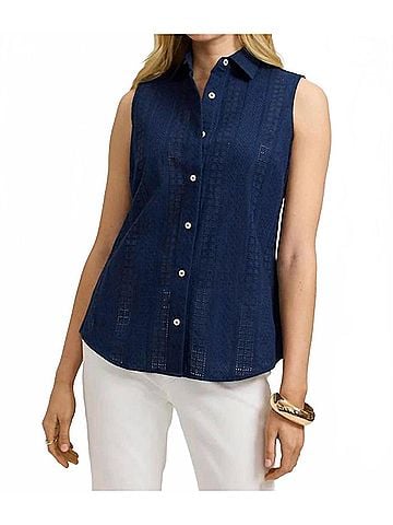 Foxcroft Ada Cotton Eyelet Sleeveless Shirt in Navy (view 2)