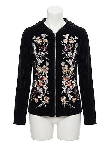 Adore Embroidered Velvet Zip Up Hoodie in Black (view 1)