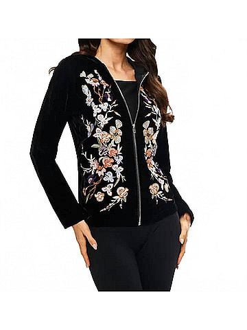 Adore Embroidered Velvet Zip Up Hoodie in Black (view 2)