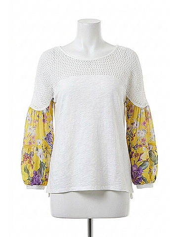 Umgee Floral Puff Sleeve Knit Top in Off White (view 1)