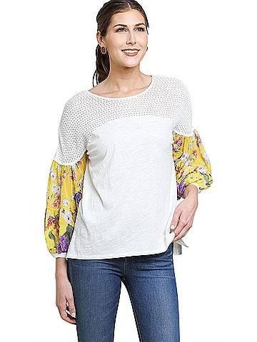 Umgee Floral Puff Sleeve Knit Top in Off White (view 2)