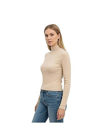 Ambar Sleek Stretch Essential Mock-Neck Long Sleeve Top in Creme (view 2)