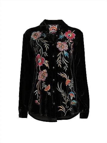 Adore Women's Velvet Button Down Top in Black (view 1)