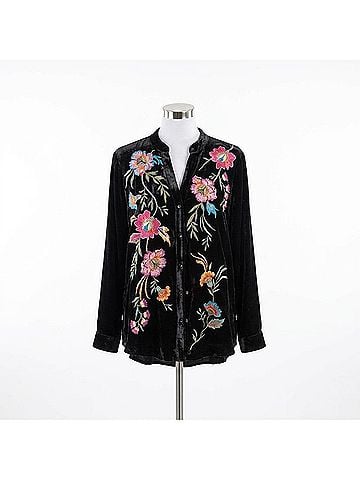 Adore Women's Velvet Button Down Top in Black (view 2)