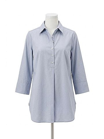 Foxcroft Madison No Iron Pinpoint 3/4 Sleeve Tunic in Light Blue (view 1)