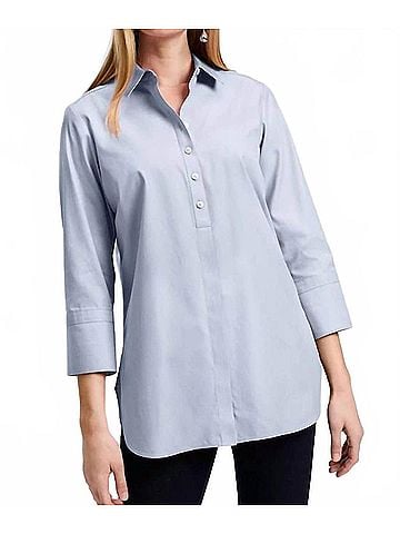 Foxcroft Madison No Iron Pinpoint 3/4 Sleeve Tunic in Light Blue (view 2)