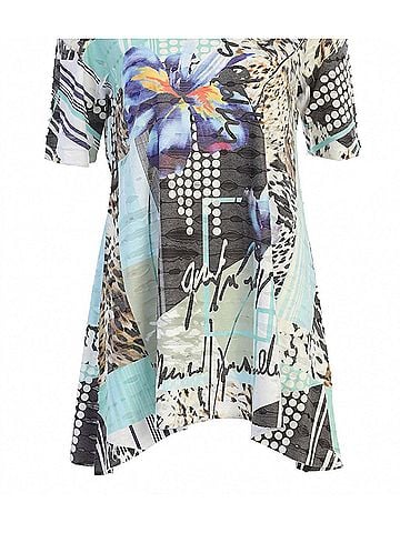 Jess & Jane Women's Iris Double Knit Cold Shoulder Top in Colorful Sublimation (view 2)