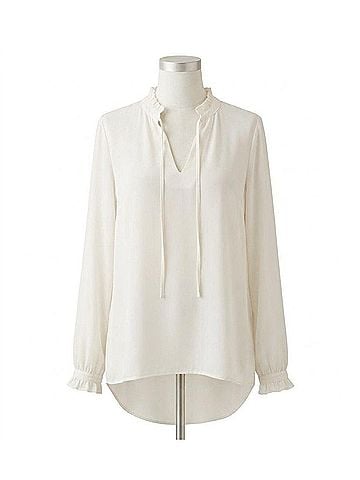 Renuar Long Sleeve Ruffle Neck Woven Blouse in White (view 1)