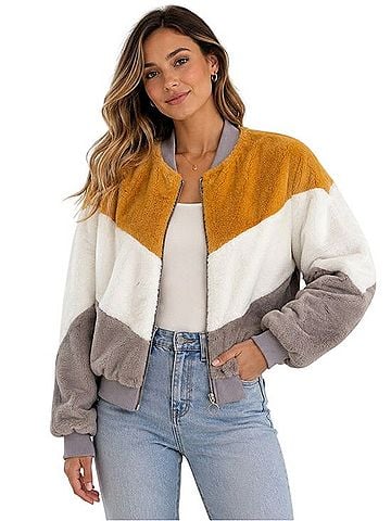 Paper Crane Faux Fur Colorblock Bomber Jacket Jacket (view 1)