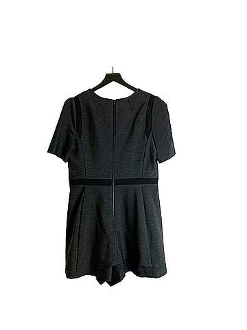 Milly Charcoal Skirted Romper Shorts with Contrast Trim Pleated Puff Shoulder Romper (view 2)