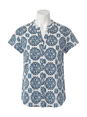 Renuar Sleeve Mandarin Top in Indigo Combo (view 1)