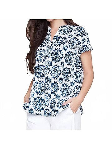 Renuar Sleeve Mandarin Top in Indigo Combo (view 2)